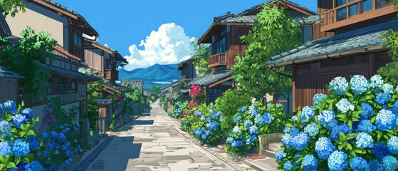 Fototapeta premium Charming traditional Japanese street with hydrangeas on a sunny day