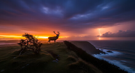 Majestic Deer Silhouetted Against Dramatic Sunset Over Ocean Cliffs.