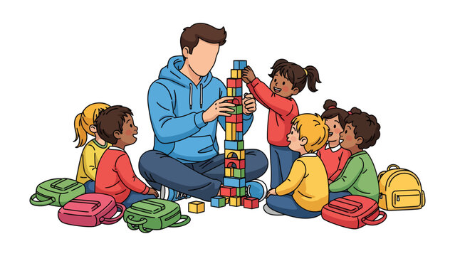 Early Childhood Education: A male teacher assists a diverse group of young children in stacking colorful building blocks, fostering creativity and learning in an engaging classroom environment.
