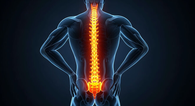 Human spine anatomy 3d illustration glowing backbone and vertebral column on body