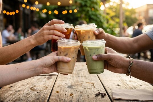 Four diverse hands holding iced coffee cups in a cheers gesture at a wooden caf&eacute; table outdoors. For friendship, beverage marketing, social lifestyle, and caf&eacute; editorial content. Warm candid style.