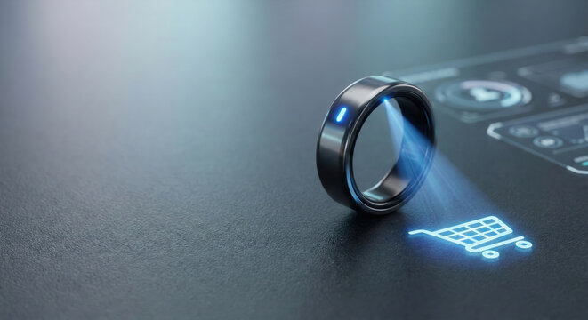 Ai digital marketing ring projects hologram shopping cart icon on dark surface