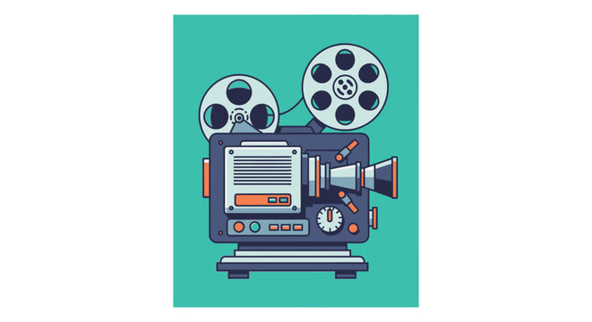 A vintage film projector is depicted in a flat illustrative style creating a striking silhouette high quality professional detailed modern elegant