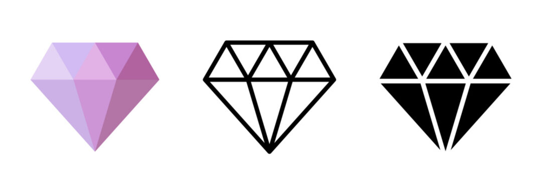 ダイヤモンドアイコンセット フラット・アウトライン・シルエットの宝石シンボル シンプルなジュエリーベクター素材 / Diamond icon set flat outline and silhouette gemstone symbol vector