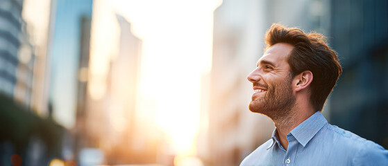 A smiling man with a beard enjoys a sunny urban setting, radiating positivity and confidence.