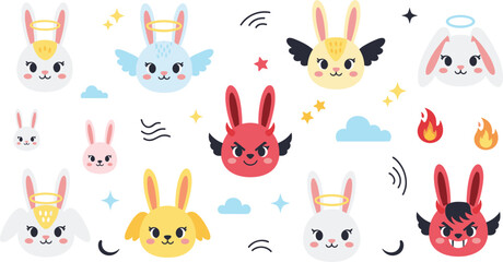 Fototapeta premium Cute angel and devil bunny faces with halos, wings and flames kawaii rabbit character vector icon collection