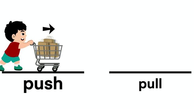 Educational animation for kids showing push and pull force concepts with a young boy moving a shopping cart, featuring tracing words for handwriting practice and physics science lesson