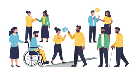 Obraz premium Diverse Group Promoting Inclusion & Accessibility: Vector Illustration of a Multicultural Community with Disabilities, Fostering Equality & Support.