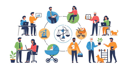 Fototapeta premium Work-Life Balance & Justice System. Diverse People Managing Career, Family, Health & Personal Life with Legal Considerations. Flat Vector Illustration.