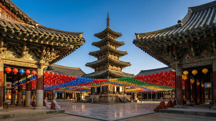 Obraz premium Traditional Korean temple with colorful lanterns during Buddha's Birthday 