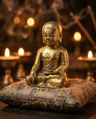 Fototapeta premium Golden Buddha statue sitting on embroidered cushion with candles 