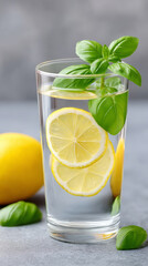 Refreshing lemon infused water with basil in glass tumbler for healthy living concept