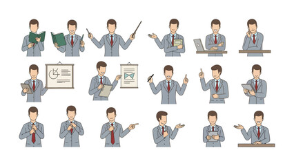 Business Presentation and Poses: A professional individual in a suit, various postures suitable for presentation and demonstration, using different tools, from document to microphone.