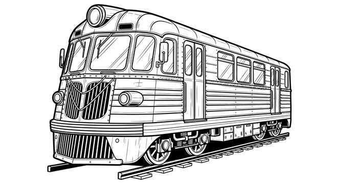 Vintage Passenger Train Line Art Illustration. Retro Locomotive Drawing on Rails. Classic Black and White Railway Transport.