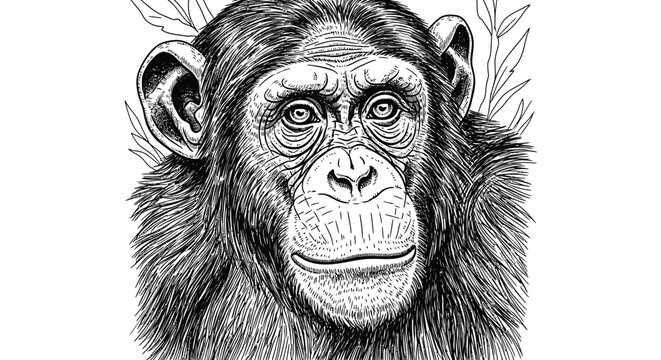 Detailed chimpanzee portrait in black and white, hand-drawn illustration with an engraved etching style, realistic primate face.