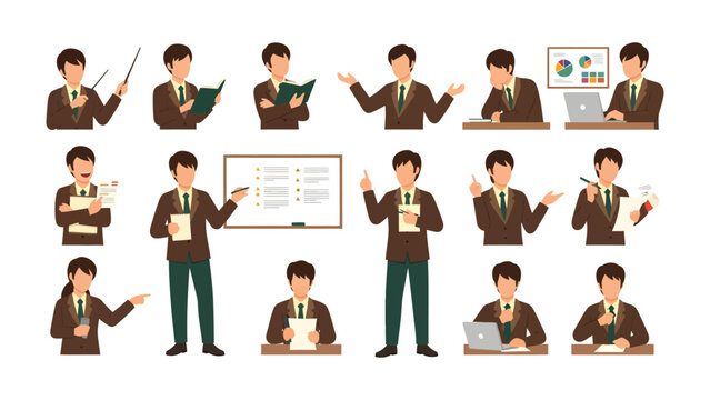 Business Presentation Variety: A collection of illustrations showcasing various poses and gestures of a businessman, engaged in different activities related to presentation and information.