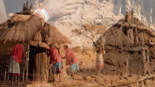 Maasai Women Building Traditional Mud Hut in Rural African Savanna