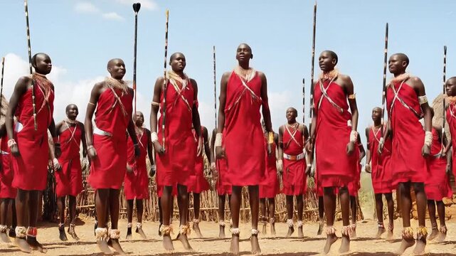 Maasai Warriors Performing Traditional Adumu Jumping Dance in Kenya