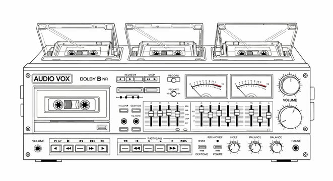 Detailed Retro Stereo System Line Art with Multiple Cassette Decks, Equalizer, and VU Meters. Vintage Audio Equipment Illustration.