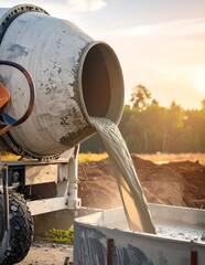Concrete Mixer Truck Pouring Cement at Construction Site.