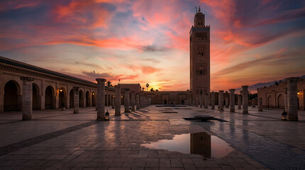 Fototapeta premium The majestic Koutoubia Mosque and its iconic minaret tower stand tall against the backdrop of a vibrant sunset in Marrakech, Morocco 