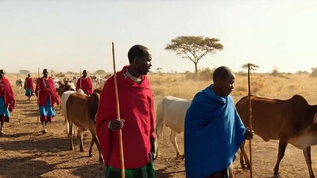 Traditional Maasai Herders with Cattle in East African Savanna