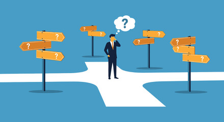 A businessman stands at a crossroads of decision surrounded by question marks and directional signs silhouette high quality professional detailed modern © rabbivay