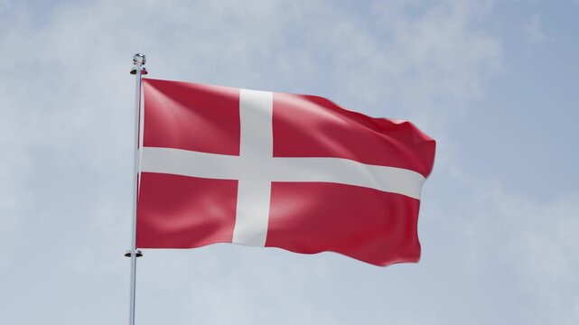 3d animation of waving flag and cloudy sky, national flag of Denmark, HD, 4k