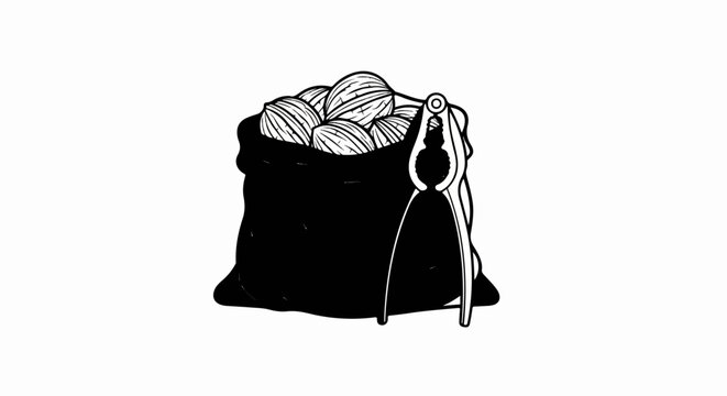 A black bag overflows with shelled nuts beside a nutcracker tool