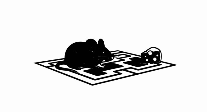 A black mouse on a maze board contemplates a slice of cheese