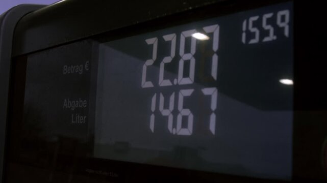 screen fuel price increase due to inflation, gasoline price counter on display showing gas price on digital display, gas refueling counter in liters and amount in euro liters