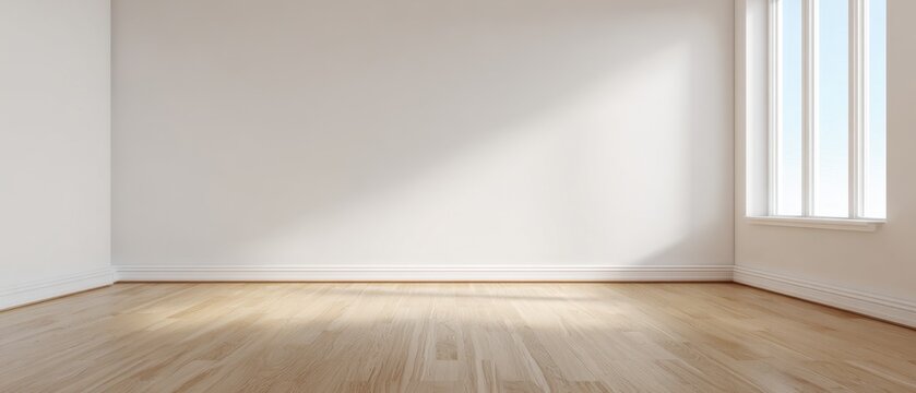 Leerer heller Raum mit Holzboden, wei&szlig;er Wand und Fenster. Minimalistisches Interieur als Hintergrund oder Mockup mit viel Kopierraum.
