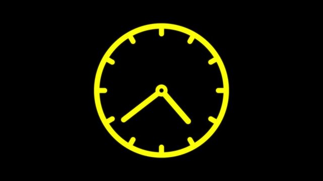 Yellow clock icon with moving arrows in 12 hour loop. Stopwatch animation Video. Time on clock is going fast