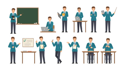 Educator's Diverse Roles: A compilation of professional educators in various poses, showcasing diverse actions with presentation materials and educational tools, from lecture to feedback.