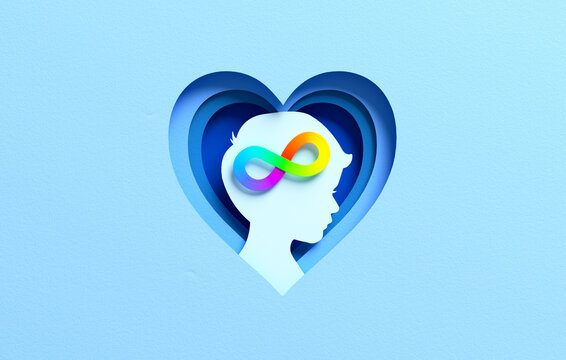 Child head silhouette with rainbow infinity symbol inside layered heart shape, representing autism acceptance, neurodiversity love, care and emotional support in paper cut 3D illustration