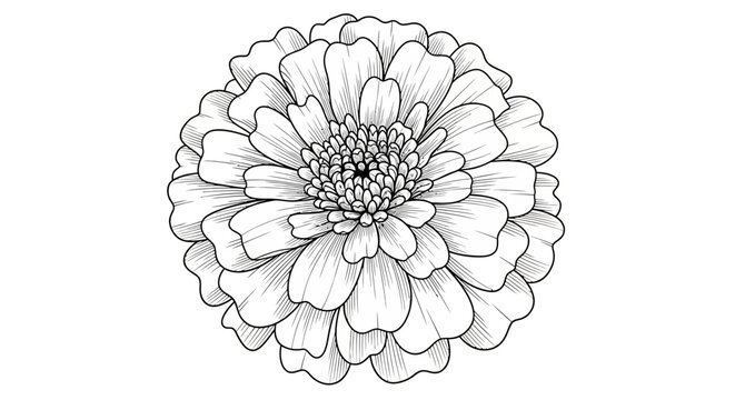 Detailed Black and White Line Art Illustration of a Beautiful Multi-Petaled Flower, Hand-Drawn Vector Sketch Isolated