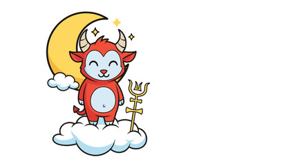 Naklejka premium Cute red devil character with horns and a tail stands happily on a white cloud with a golden trident under a yellow crescent moon.