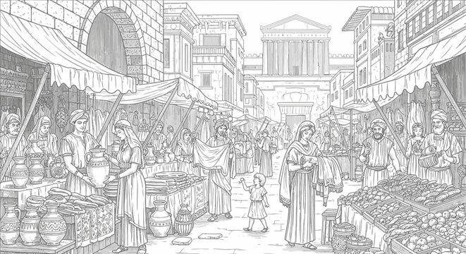 Detailed sketch of a bustling ancient marketplace with diverse people, merchant stalls, and classical architecture in a historical city