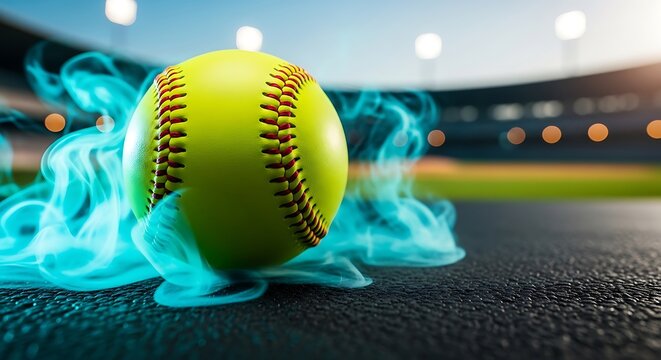 A bright yellow softball emitting blue smoke, set against a blurred stadium background