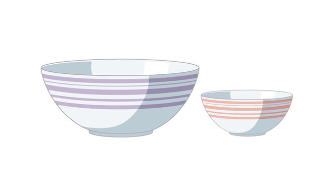Pair of ceramic bowls features a large bowl with purple stripes and a smaller one with orange stripes for size comparison.