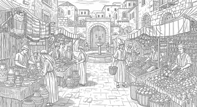 Detailed illustration of a bustling traditional marketplace in an old city, featuring vendors, shoppers, and architectural background