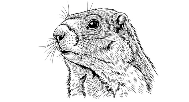 Detailed vintage groundhog illustration, hand-drawn black and white sketch of a marmot head. Realistic rodent portrait art.