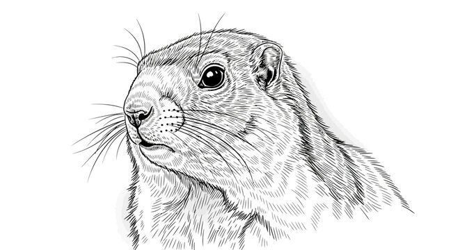 Detailed black and white illustration of a gopher or groundhog head. Hand-drawn rodent sketch with intricate fur texture.