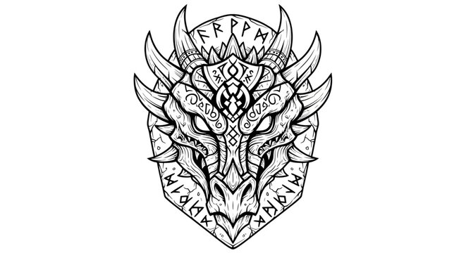 Detailed mythical dragon head illustration with ornamental tribal design and runic symbols, black and white fantasy art