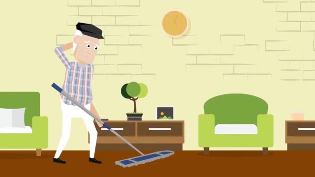 Man cleaning living room floor animation, housework domestic chores and home cleaning concept