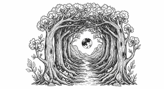 Hand-drawn enchanted forest path through intertwined trees & roots leading to a distant Earth globe. Black & white nature illustration.