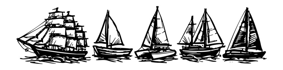 Set of hand-drawn ink sketches featuring diverse sailing vessels, from majestic tall ships to modern yachts. Minimalist nautical line art ideal for maritime themes and vintage illustrations. © Nort Kor