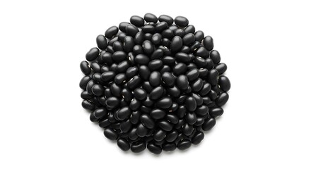 A circular pile of small, shiny, black legumes against a clean, white background