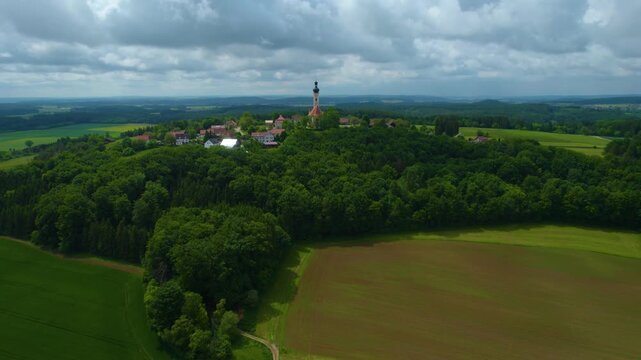 Aerial view of the church Wallfahrtskirche Heilige Dreifaltigkeit &ndash; Eichlberg (Hemau) in Germany, Bavaria on a sunny day day in Spring