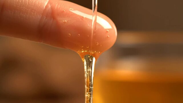 Honey dripping onto a human finger, golden viscous liquid with warm light reflections, natural sweetener concept.